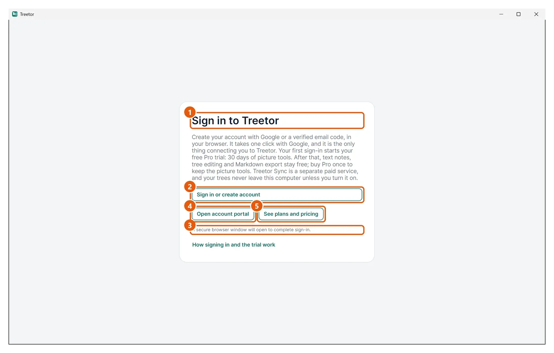 Sign in or create your account. Numbered callouts: 1 Sign in to Treetor, 2 Sign in or create account, 3 Status line, 4 Open account portal, 5 See plans and pricing.