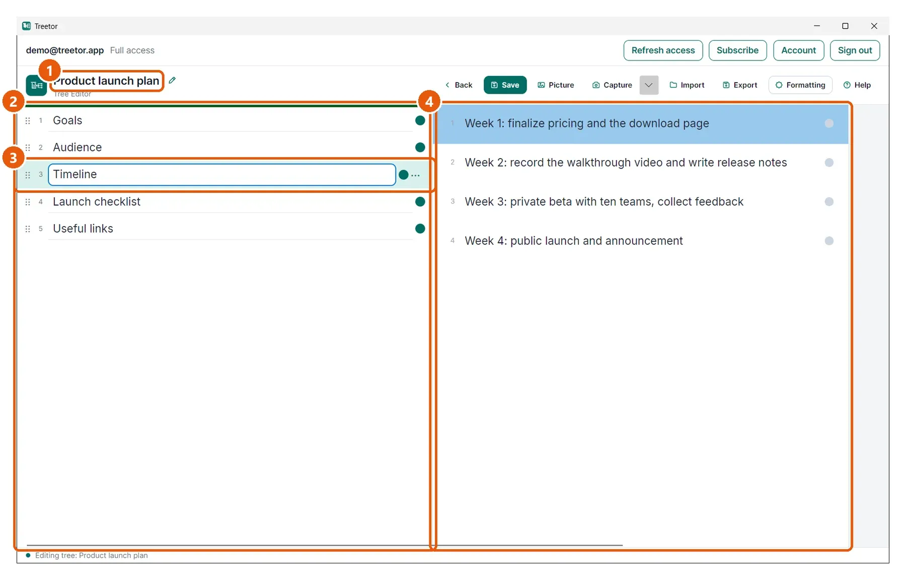Treetor displaying a tree with top-level items and a selected branch containing nested child items.