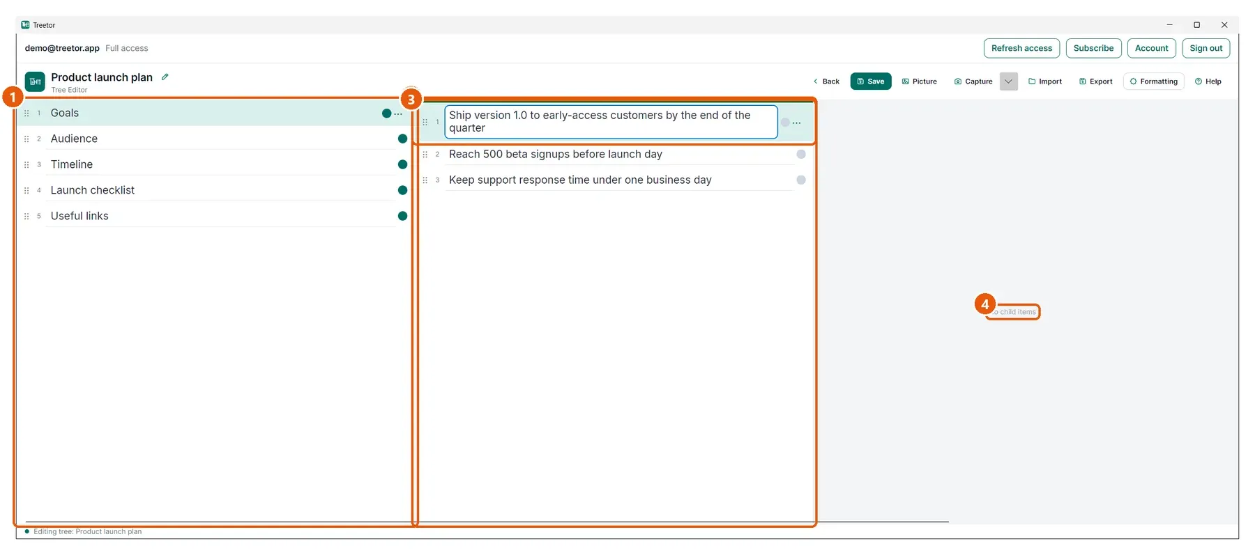 The Treetor tree editor: the parent column on the left, the active column marked by a green bar with an item selected, and a preview column to the right reading No child items.