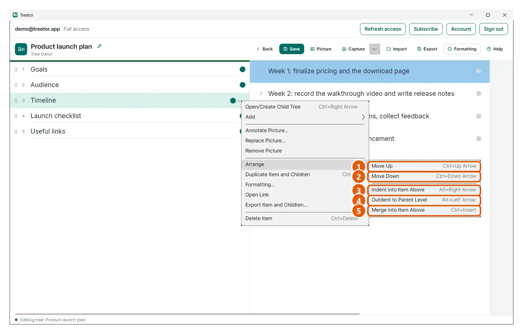Treetor Arrange menu showing Move Up, Move Down, Indent into Item Above, Outdent to Parent Level, and Merge into Item Above with keyboard shortcuts.
