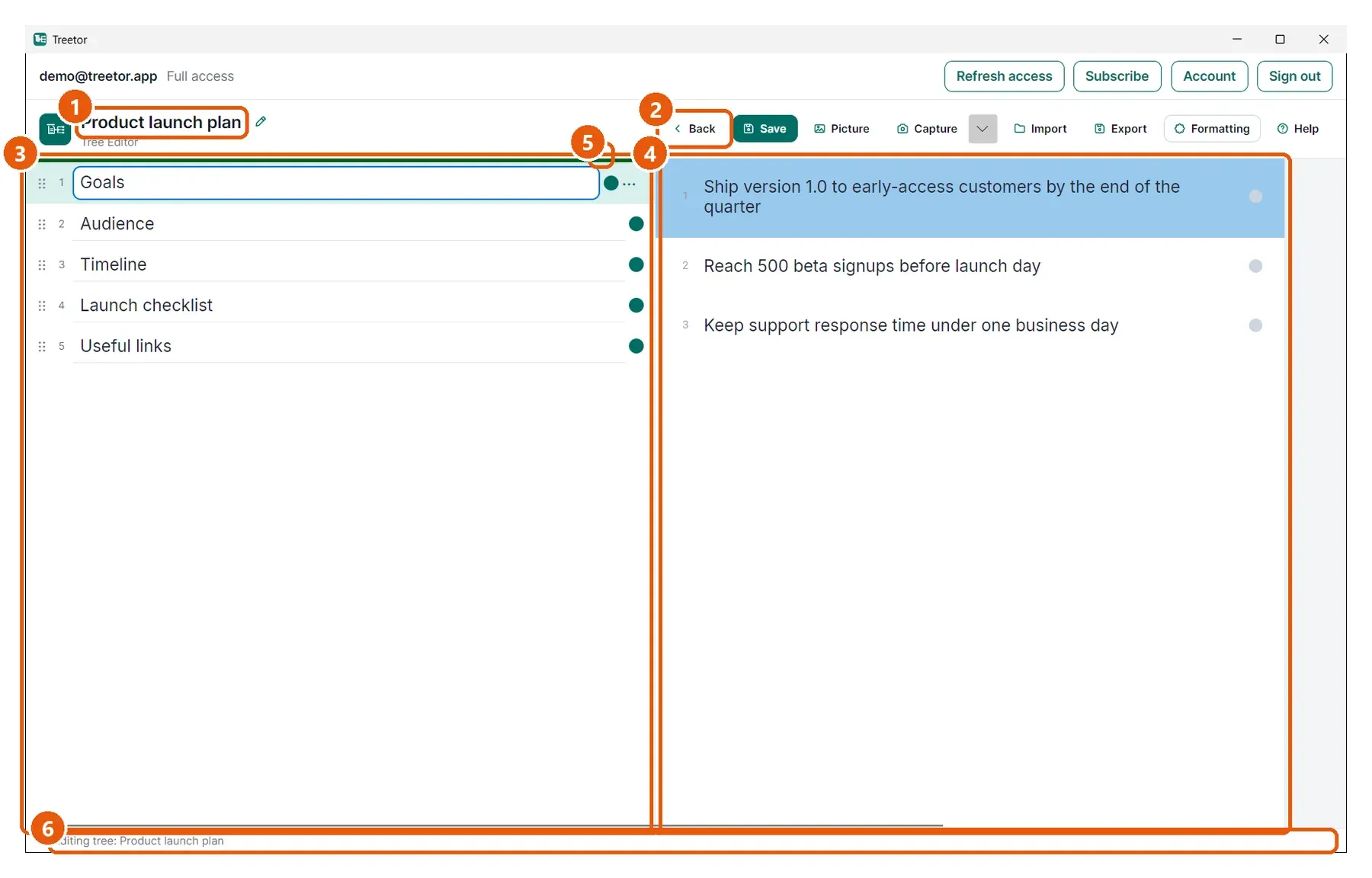 The Treetor tree editor showing the tree title, the header toolbar, the active column marked by a green bar, and the preview column of child items.