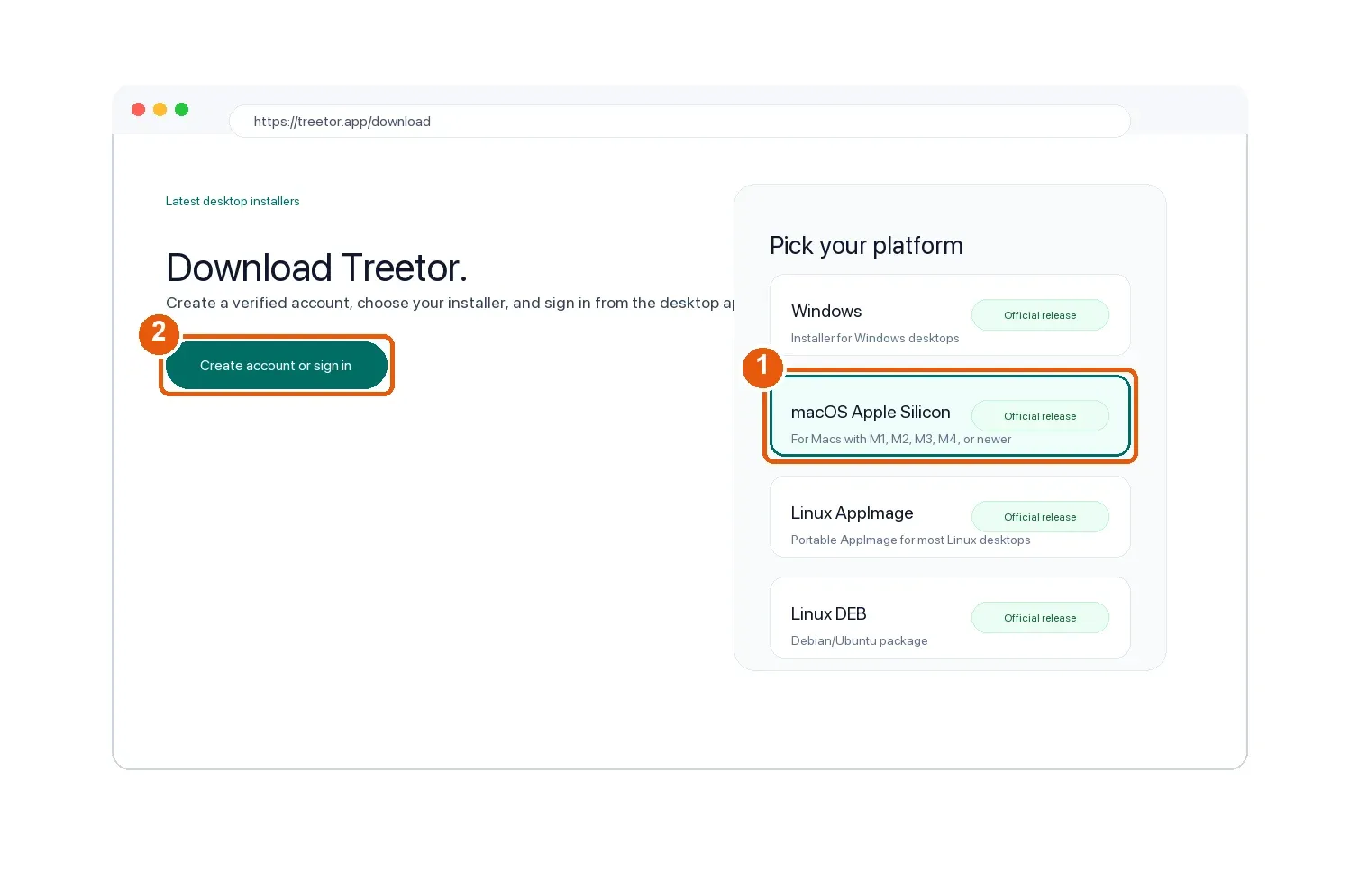 Download the installer for your computer. Numbered callouts: 1 macOS Apple Silicon, 2 Create account or sign in.