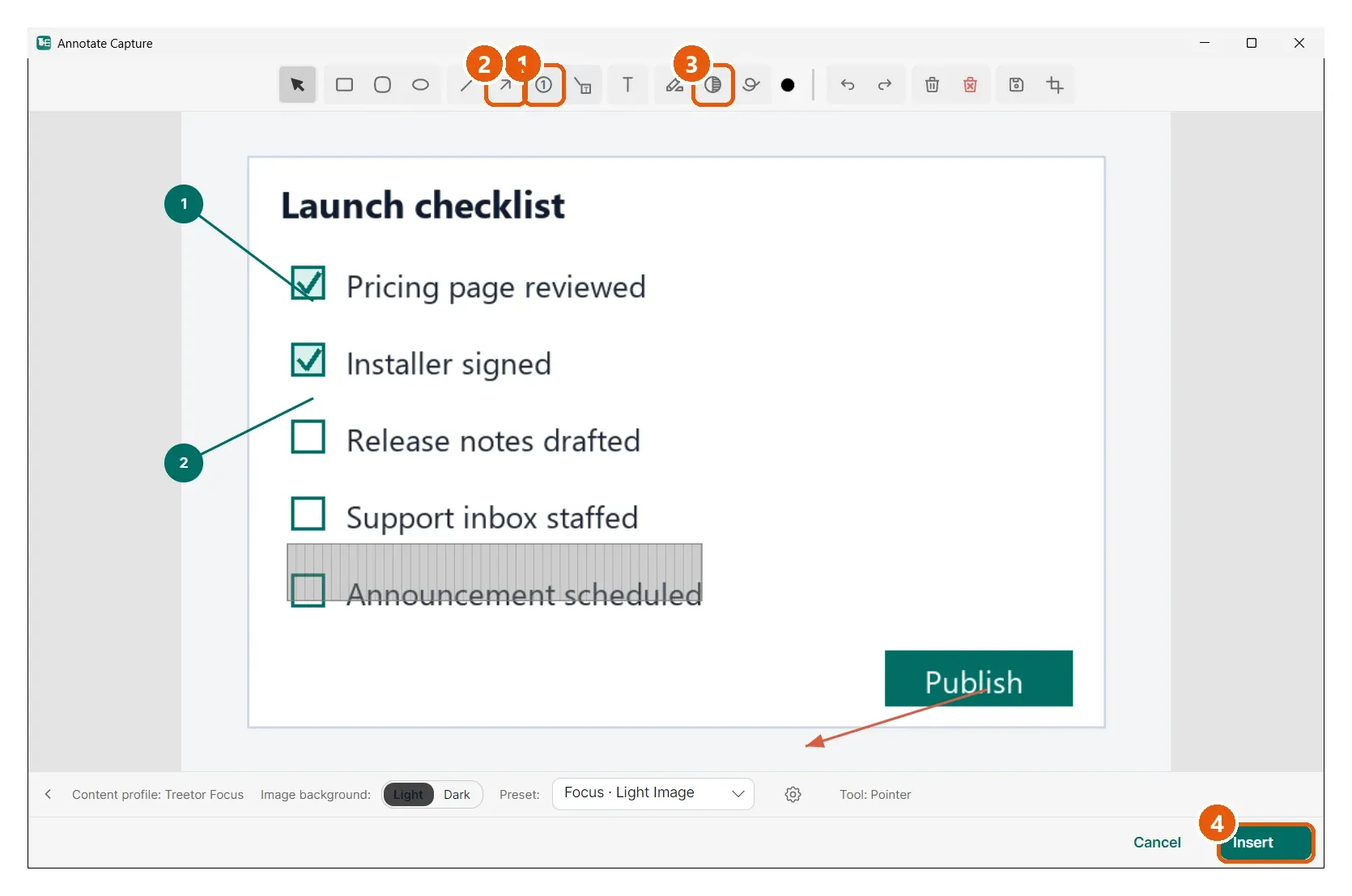 The real Treetor annotation editor showing a captured launch checklist with numbered callouts, arrows, highlights, blur, and the Insert action.
