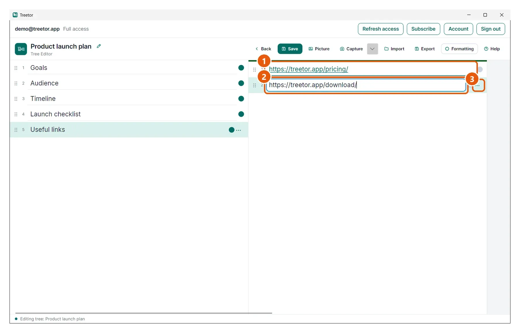 Links are detected as you type. Numbered callouts: 1 A web link, 2 Another link, being edited, 3 Actions.