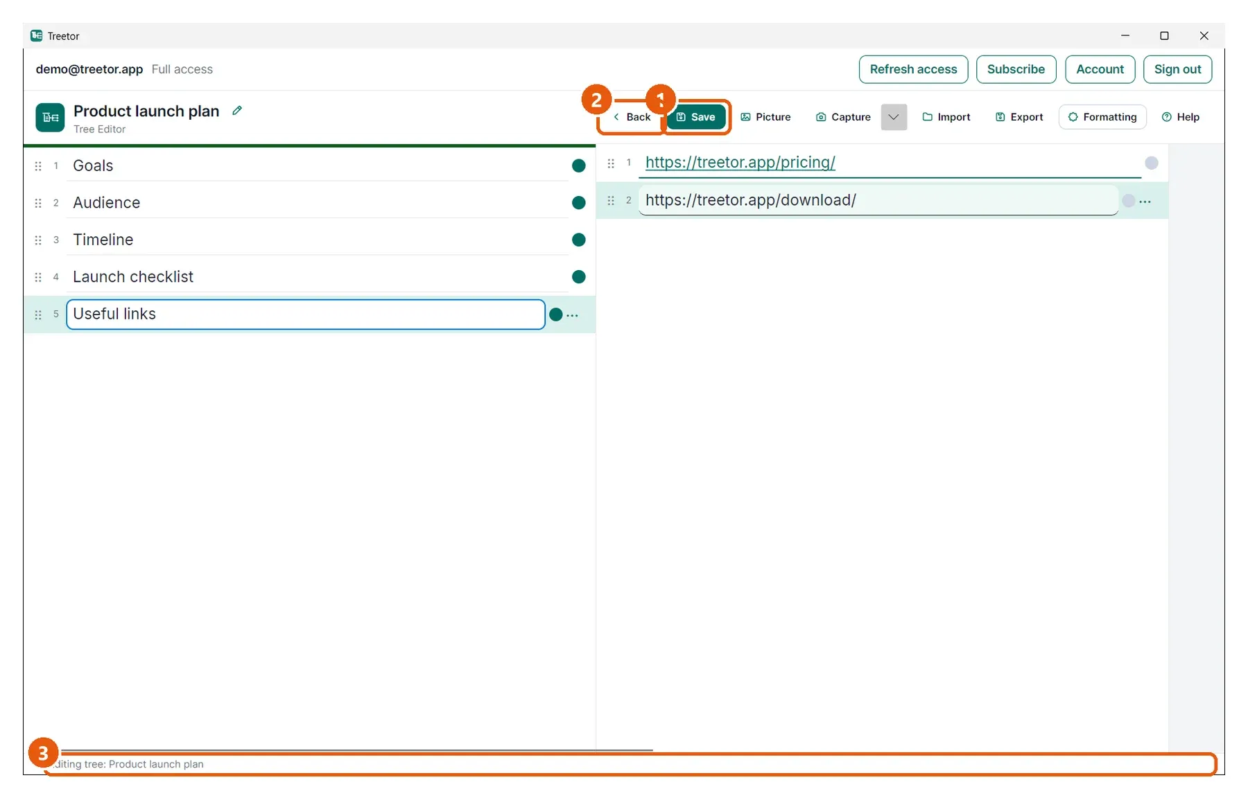 Three ways your work is saved. Numbered callouts: 1 Save, 2 Back, 3 Status bar.