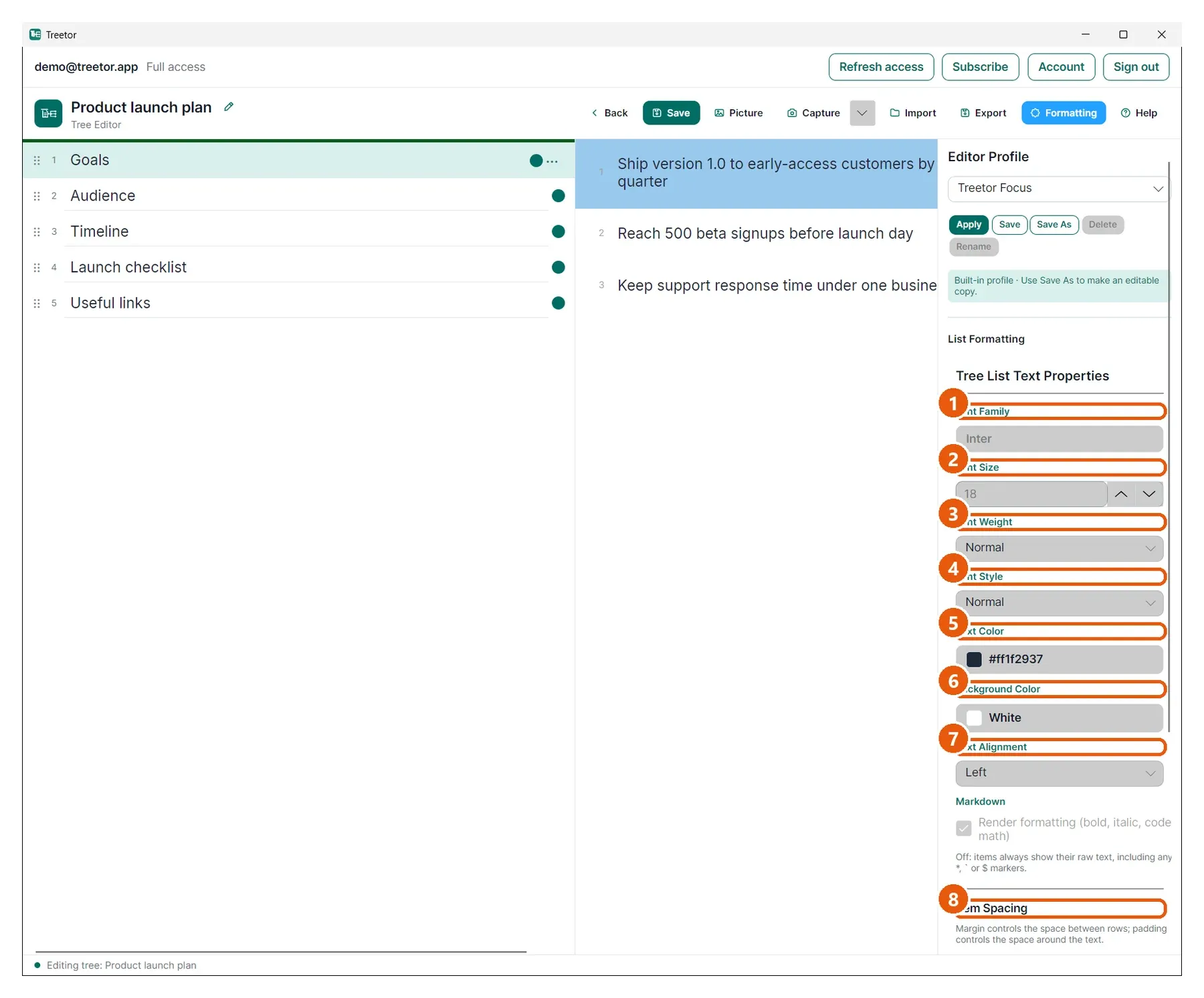 The List Formatting fields. Numbered callouts: 1 Font Family, 2 Font Size, 3 Font Weight, 4 Font Style, 5 Text Color, 6 Background Color, 7 Text Alignment, 8 Item Spacing, 9 Preview.