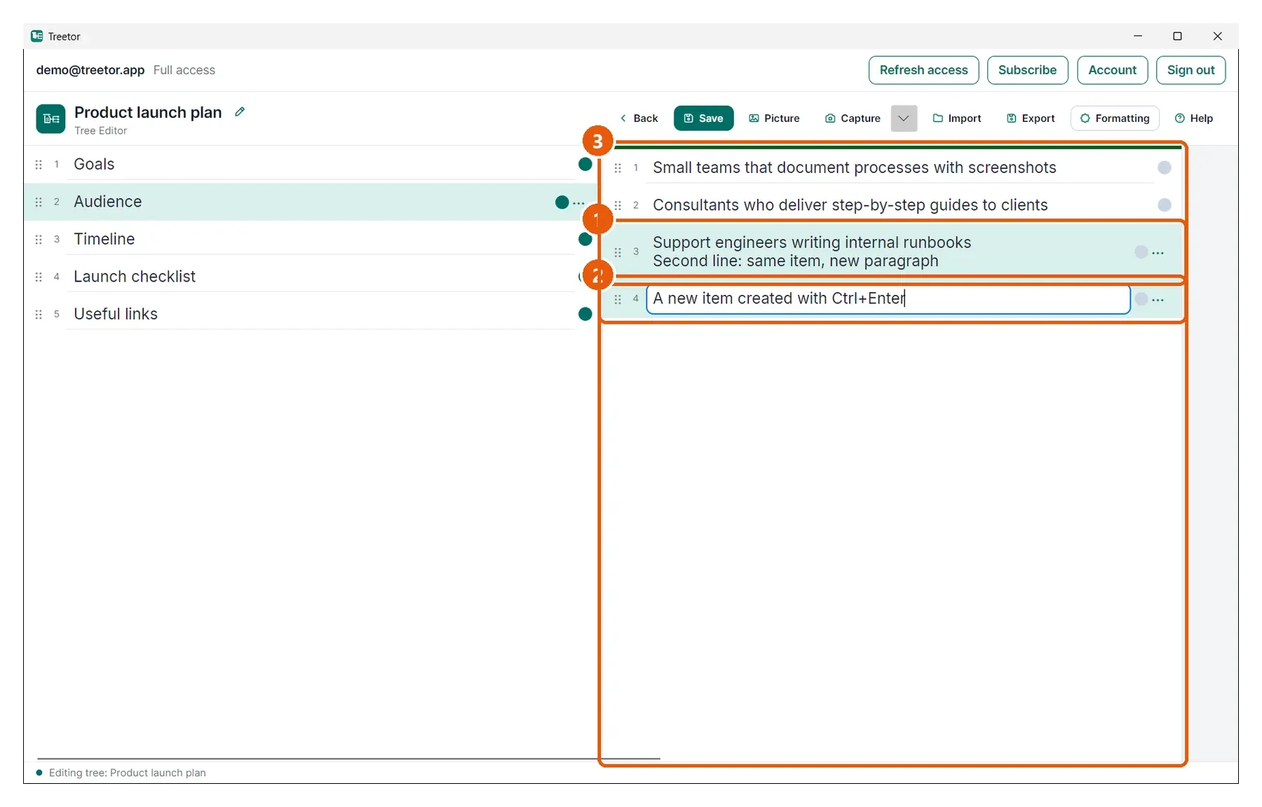 Treetor writing guide screenshot showing a tree item being edited in the desktop app.