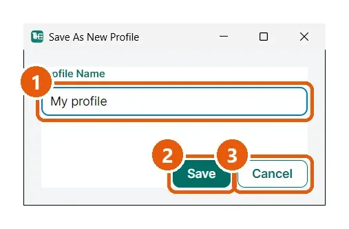 Duplicate a profile. Numbered callouts: 1 Profile Name, 2 Save, 3 Cancel.