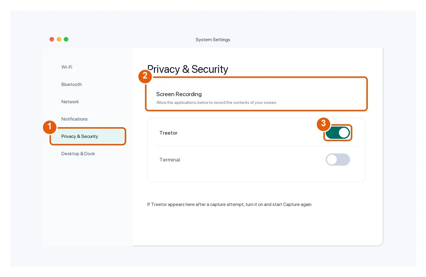 Permissions on macOS. Numbered callouts: 1 Privacy & Security, 2 Screen Recording, 3 Treetor toggle.