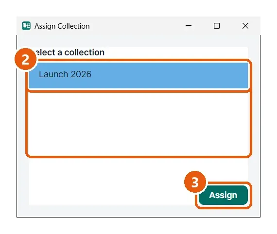 Put a tree in a collection. Numbered callouts: 1 Collection list, 2 Your choice, 3 Assign.