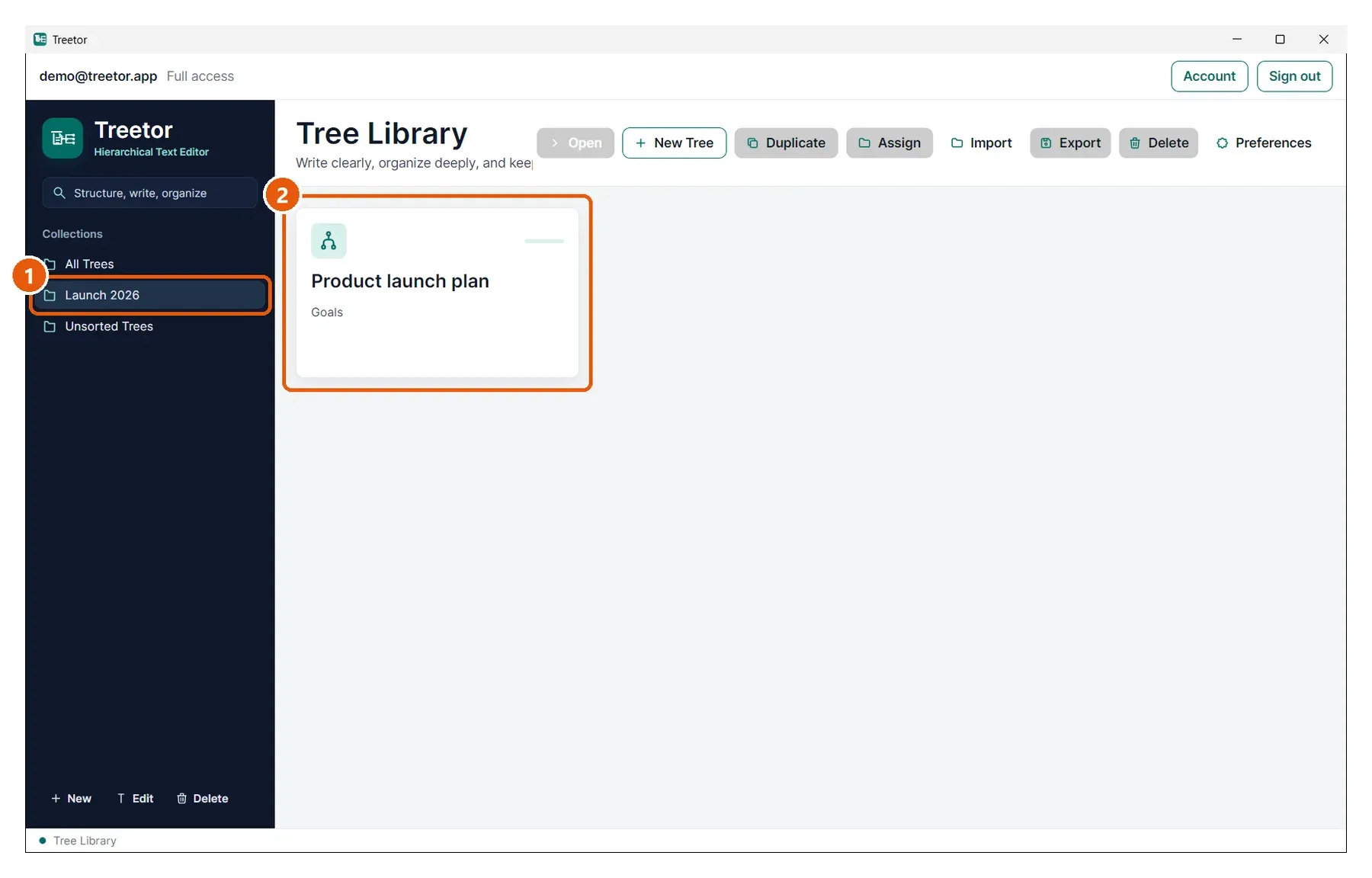 Browse by collection. Numbered callouts: 1 Selected collection, 2 Its trees.